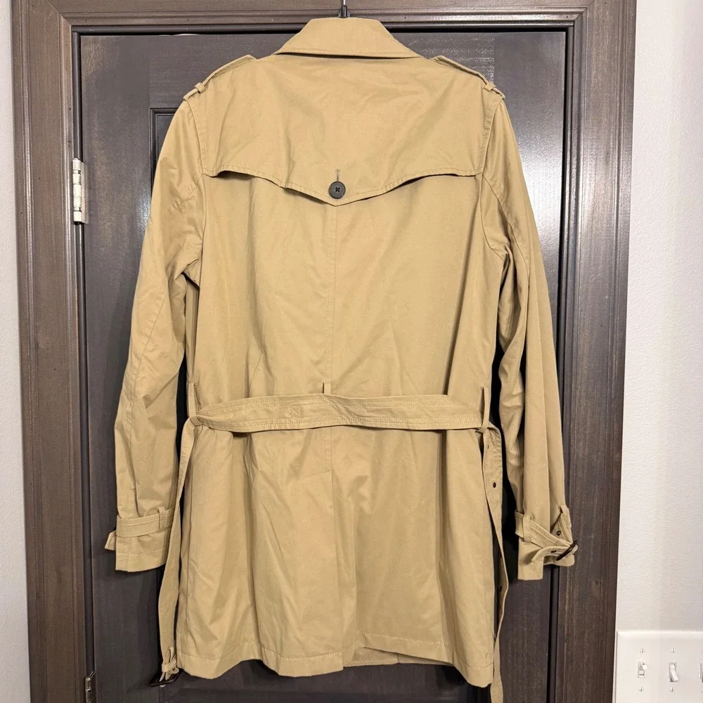 Banana Republic Mens Khaki Double Breasted Trench Coat Belted Plaid Lining M